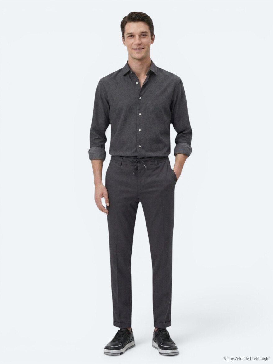 Black Plain Regular Fit Long Weaving Casual Cotton Blended Shirt - 3