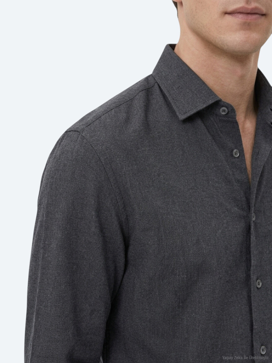 Black Plain Regular Fit Long Weaving Casual Cotton Blended Shirt - 4