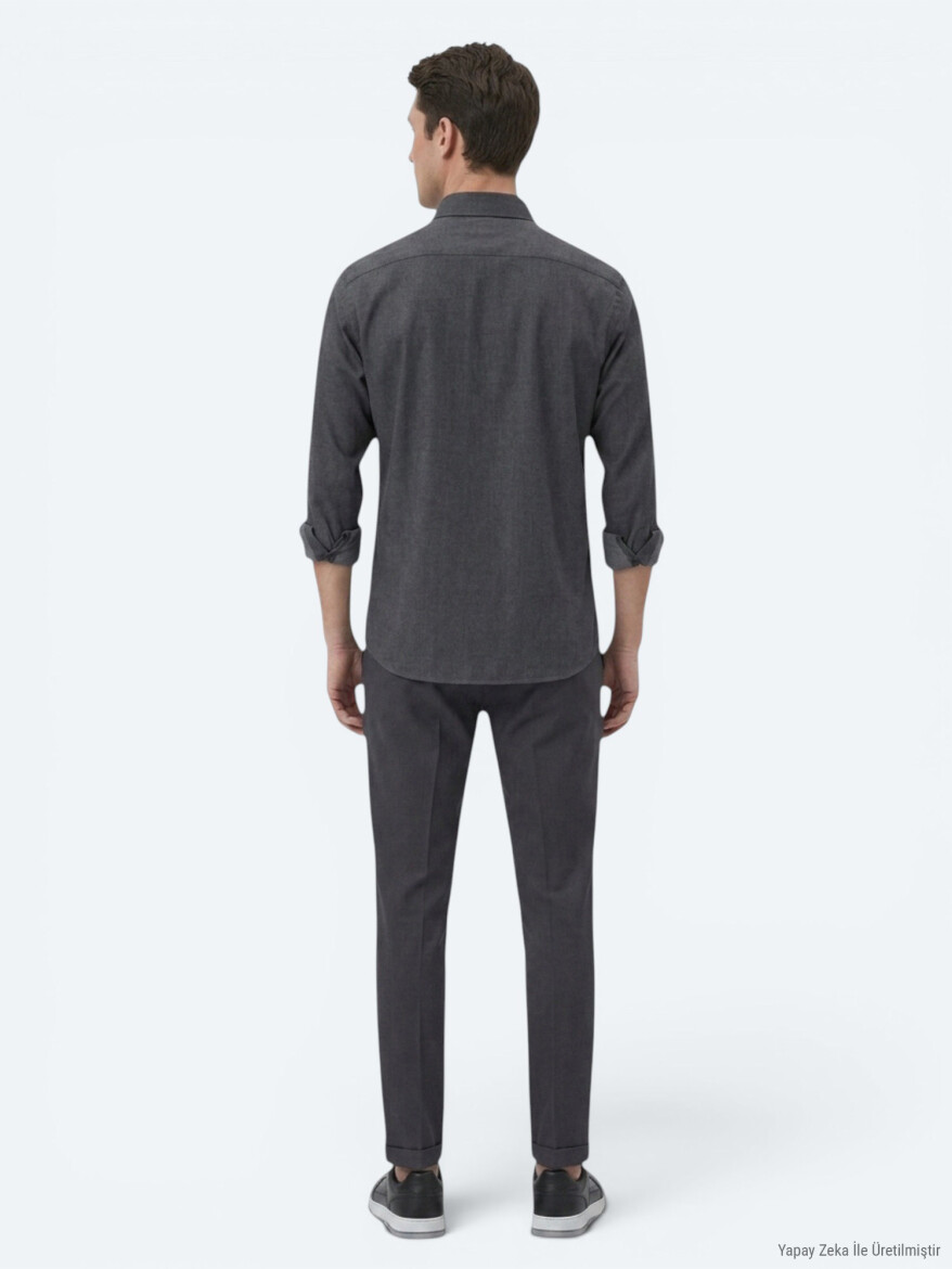 Black Plain Regular Fit Long Weaving Casual Cotton Blended Shirt - 5