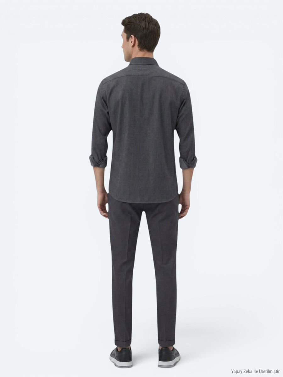 Black Plain Regular Fit Long Weaving Casual Cotton Blended Shirt - 5