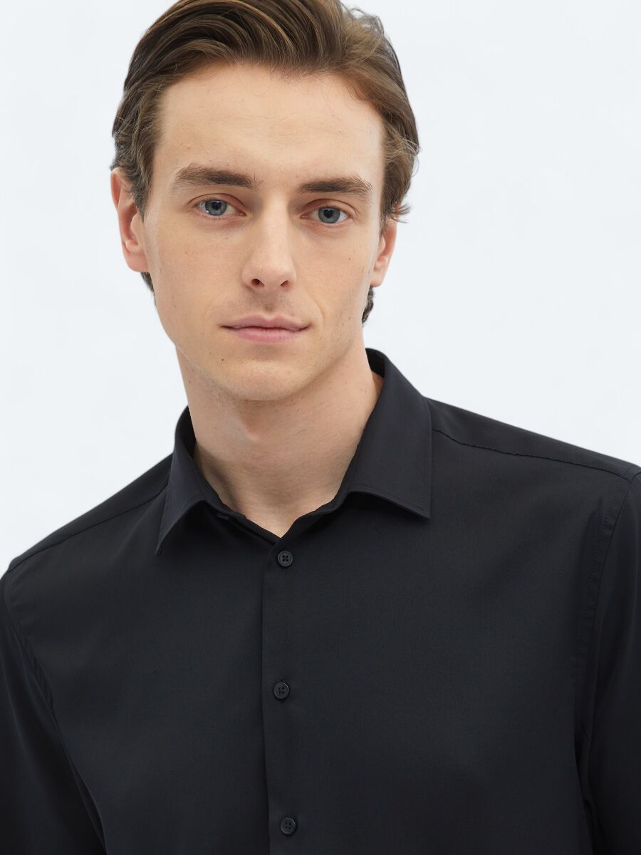 Black Plain Regular Fit Long Weaving Casual Shirt - 4