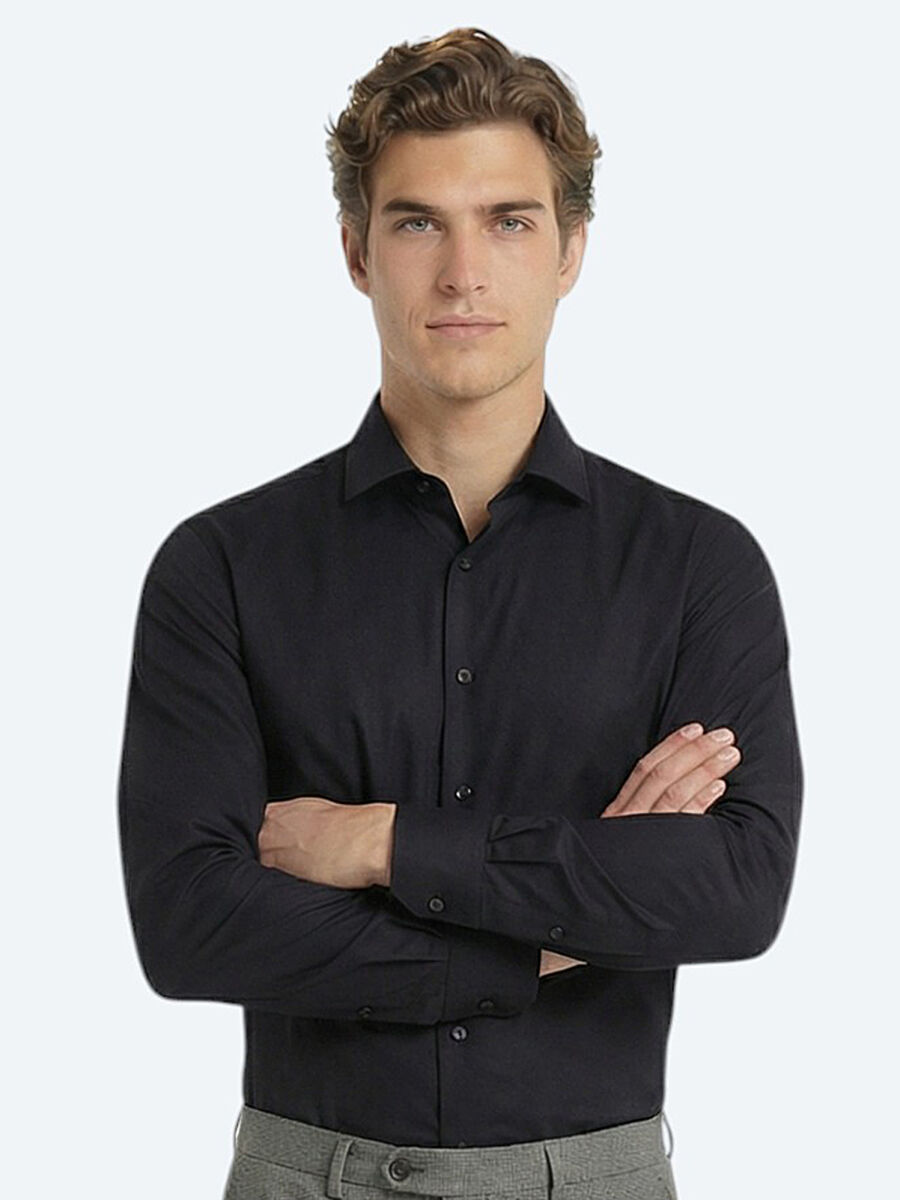 Black Plain Regular Fit Long Weaving Classical 100% Cotton Shirt - 3