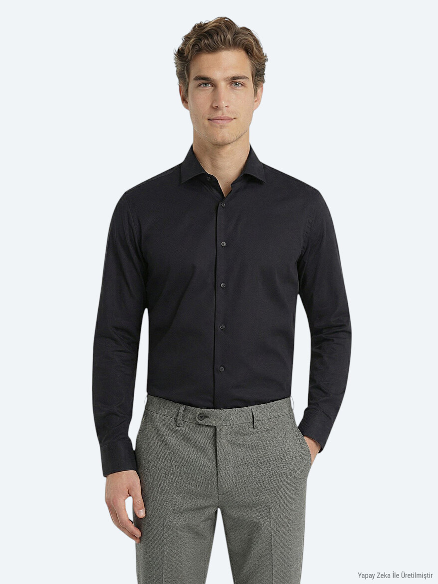 Black Plain Regular Fit Long Weaving Classical 100% Cotton Shirt - 2
