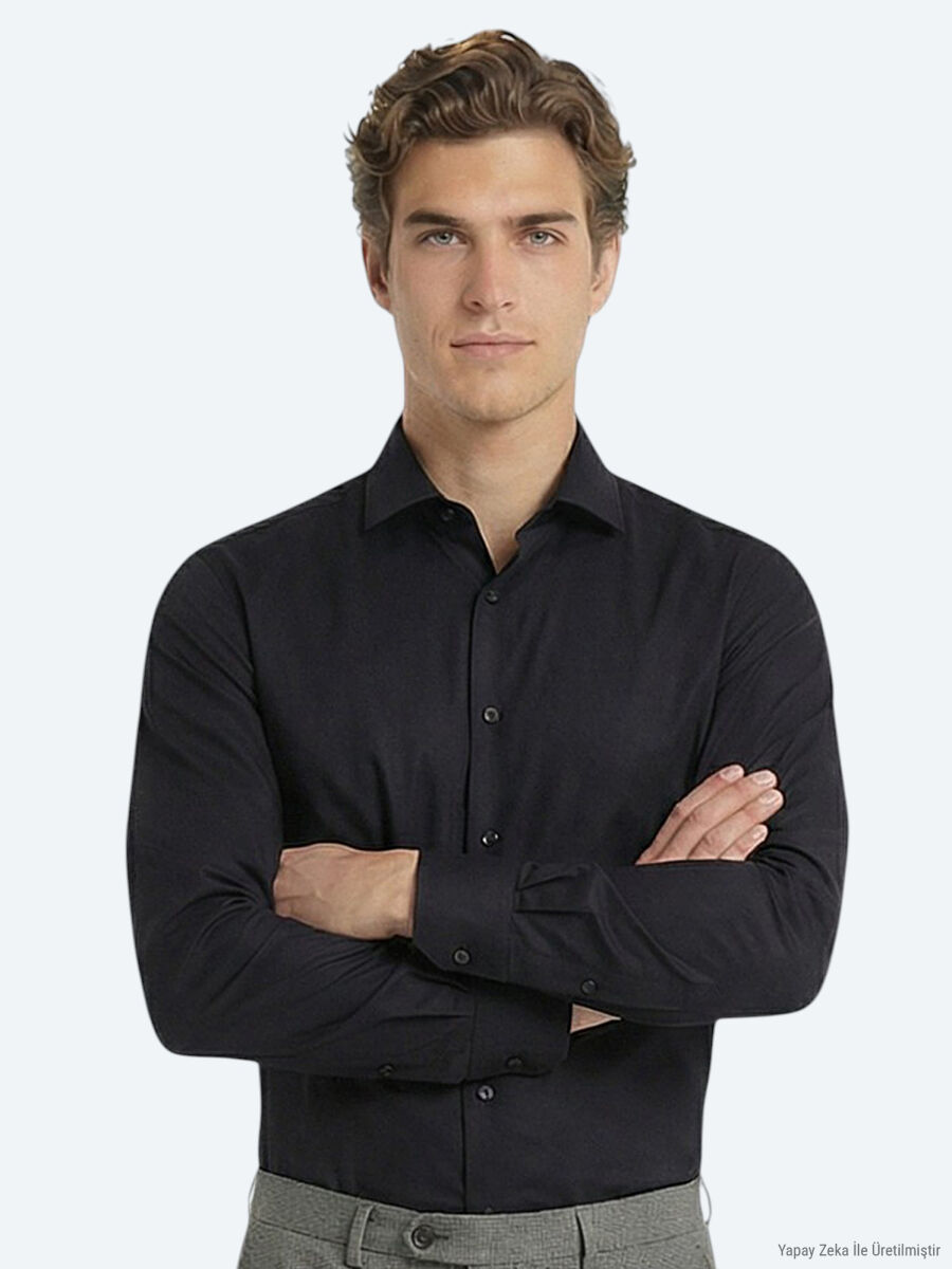 Black Plain Regular Fit Long Weaving Classical 100% Cotton Shirt - 3