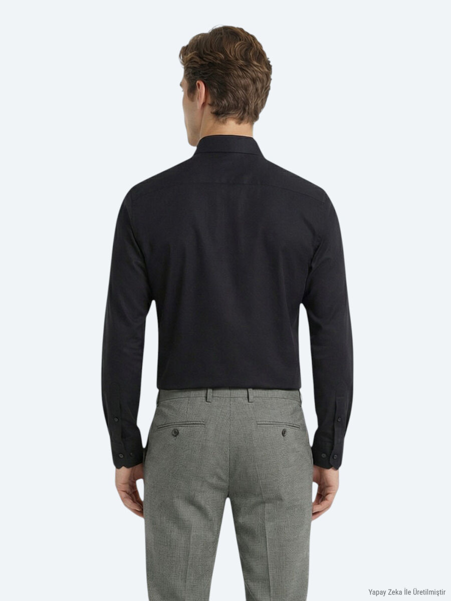 Black Plain Regular Fit Long Weaving Classical 100% Cotton Shirt - 4