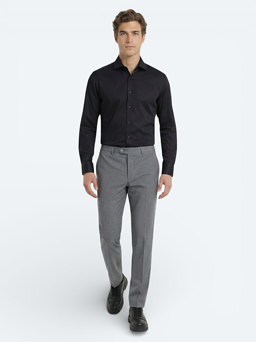 Black Plain Regular Fit Long Weaving Classical 100% Cotton Shirt - 2