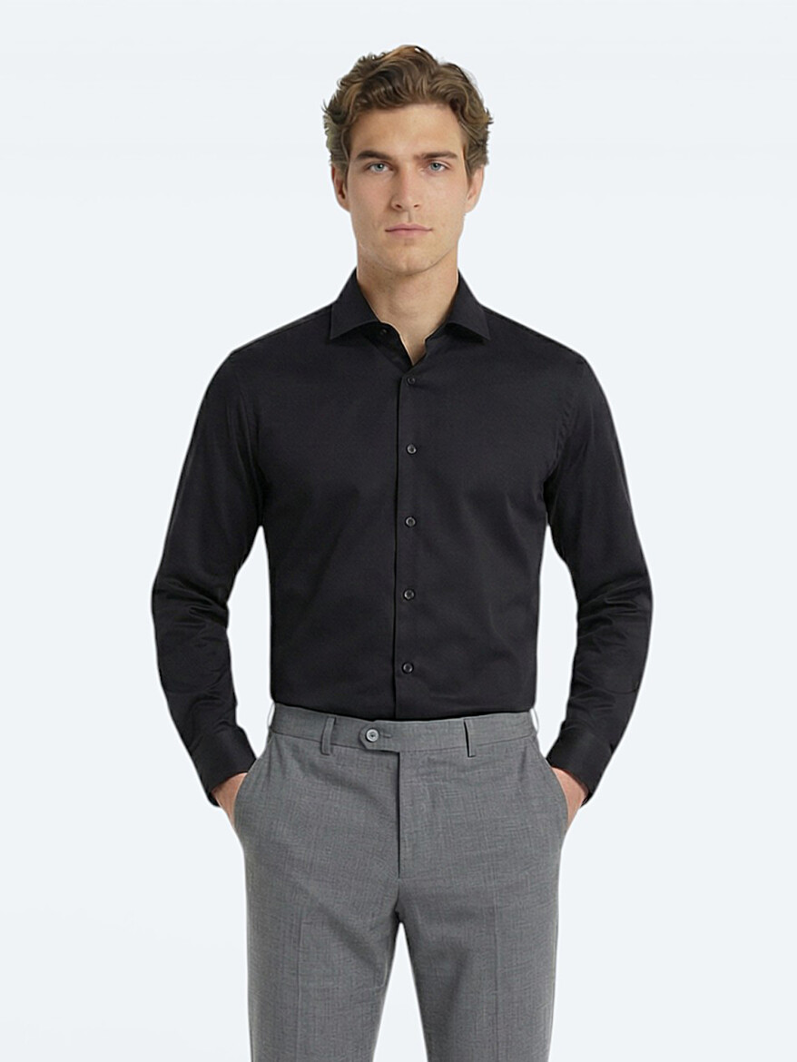 Black Plain Regular Fit Long Weaving Classical 100% Cotton Shirt - 3