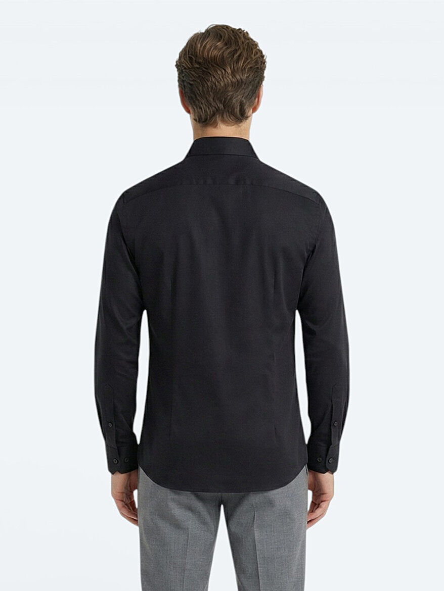 Black Plain Regular Fit Long Weaving Classical 100% Cotton Shirt - 4