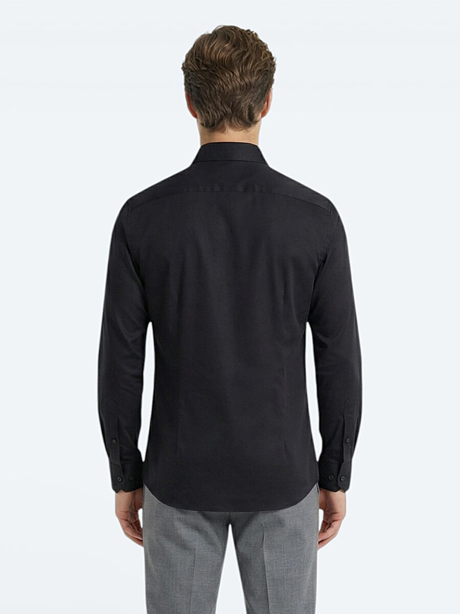 Black Plain Regular Fit Long Weaving Classical 100% Cotton Shirt - 4