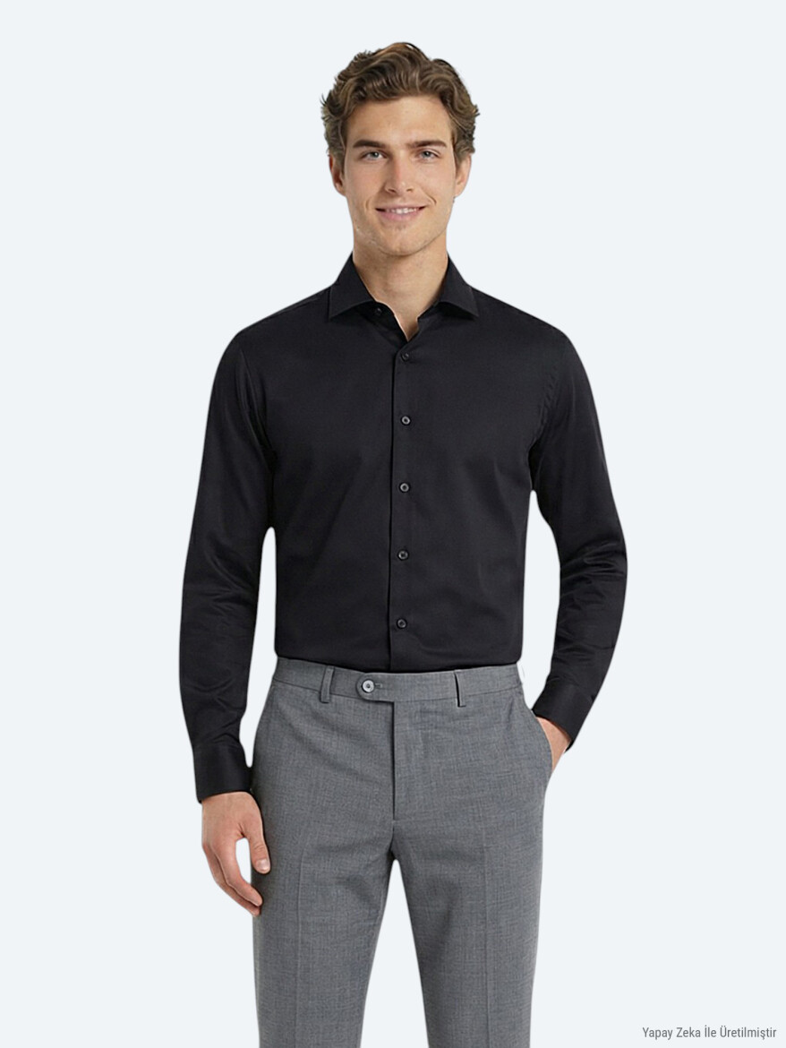 Black Plain Regular Fit Long Weaving Classical 100% Cotton Shirt - KİP