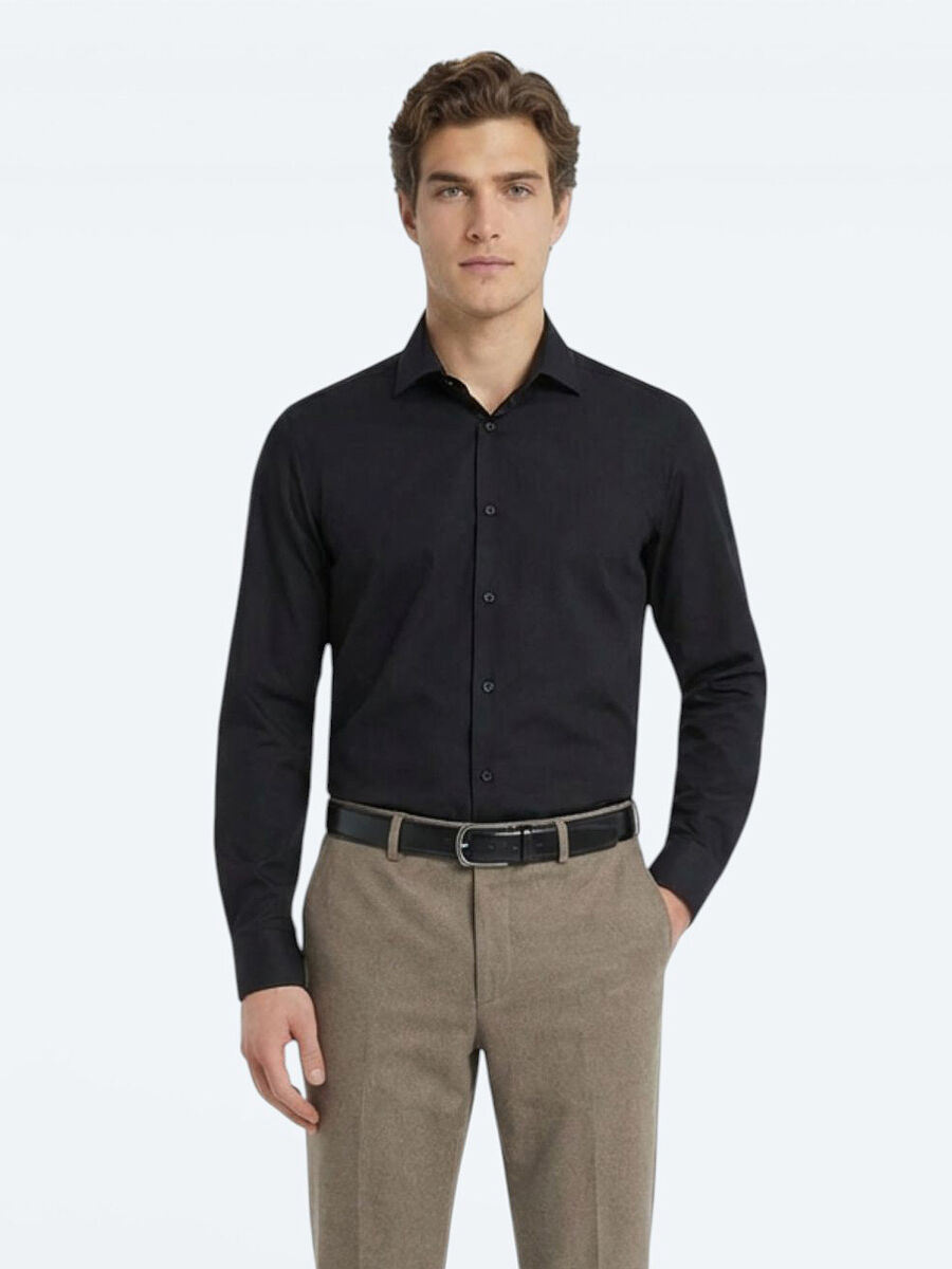 Black Plain Regular Fit Long Weaving Classical Cotton Blended Shirt - 1