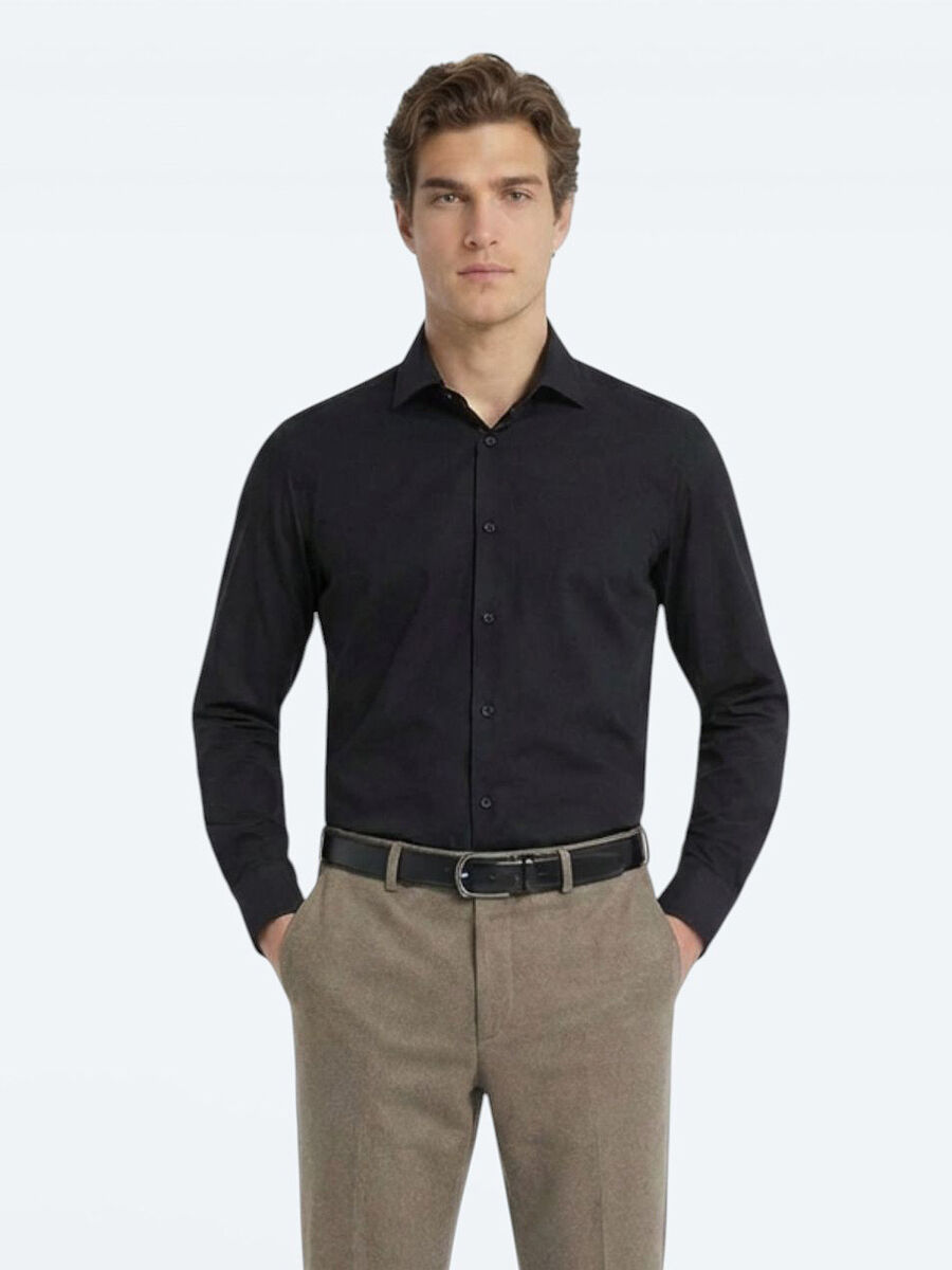 Black Plain Regular Fit Long Weaving Classical Cotton Blended Shirt - 4