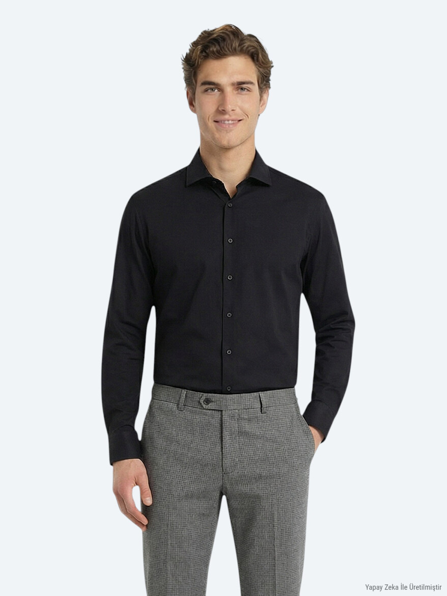 Black Plain Regular Fit Long Weaving Classical Cotton Blended Shirt - KİP