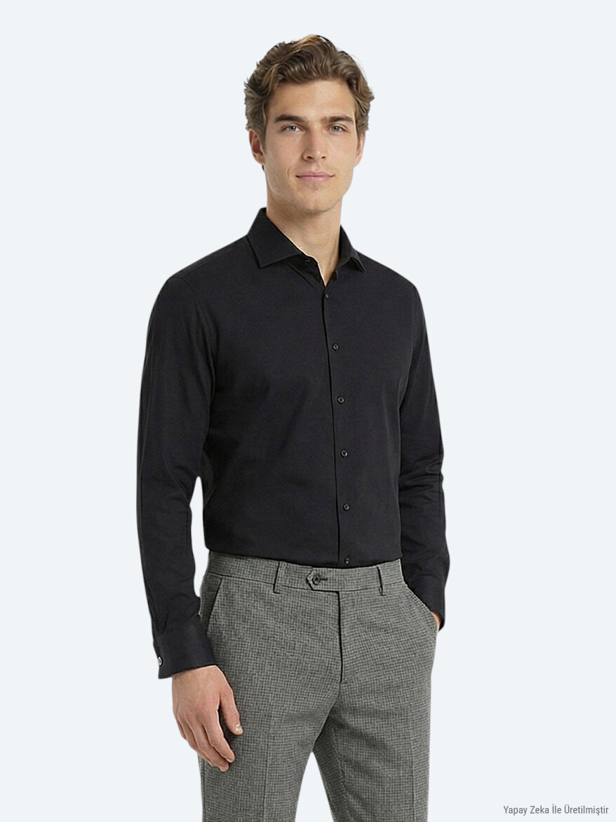 Black Plain Regular Fit Long Weaving Classical Cotton Blended Shirt - KİP