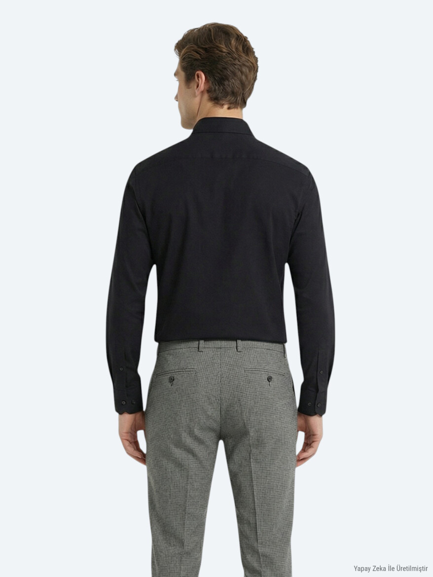 Black Plain Regular Fit Long Weaving Classical Cotton Blended Shirt - 4