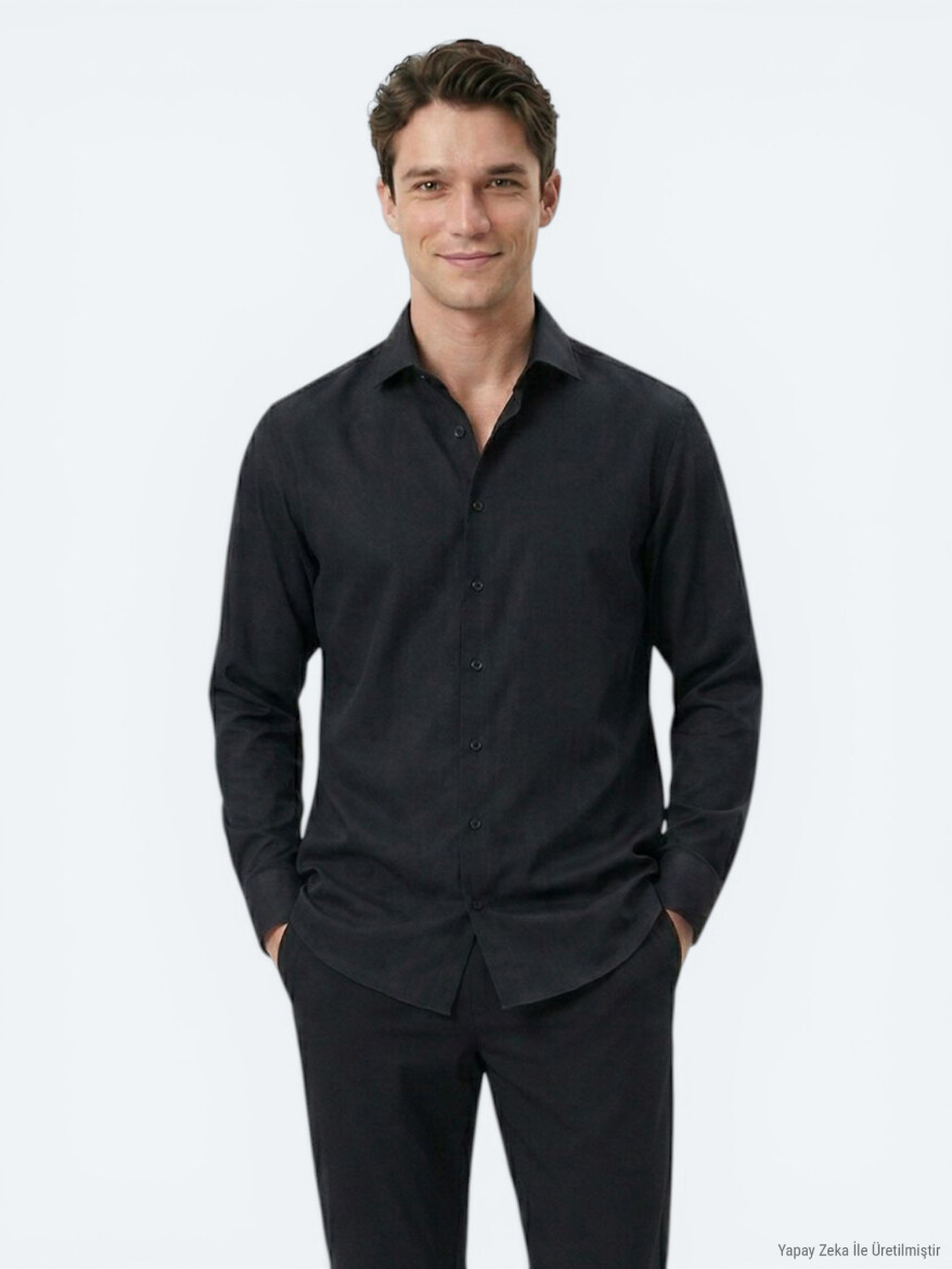 Black Plain Regular Fit Long Weaving Classical Cotton Blended Shirt 