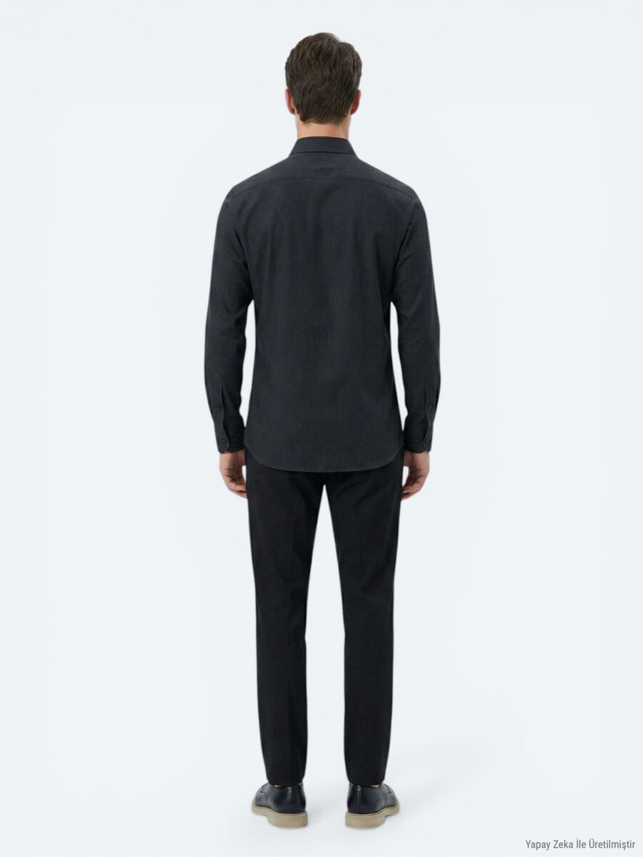 Black Plain Regular Fit Long Weaving Classical Cotton Blended Shirt - 5