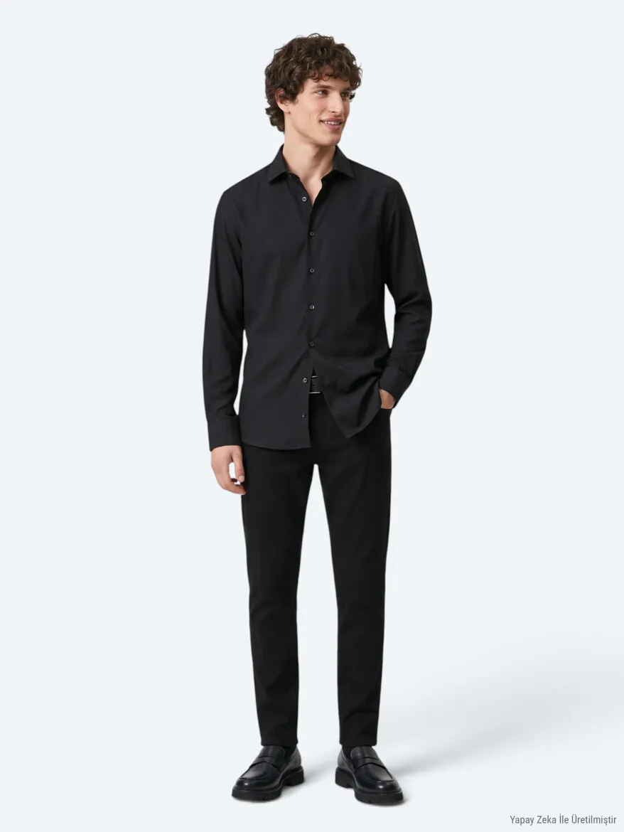 Black Plain Regular Fit Long Weaving Classical Shirt - 3