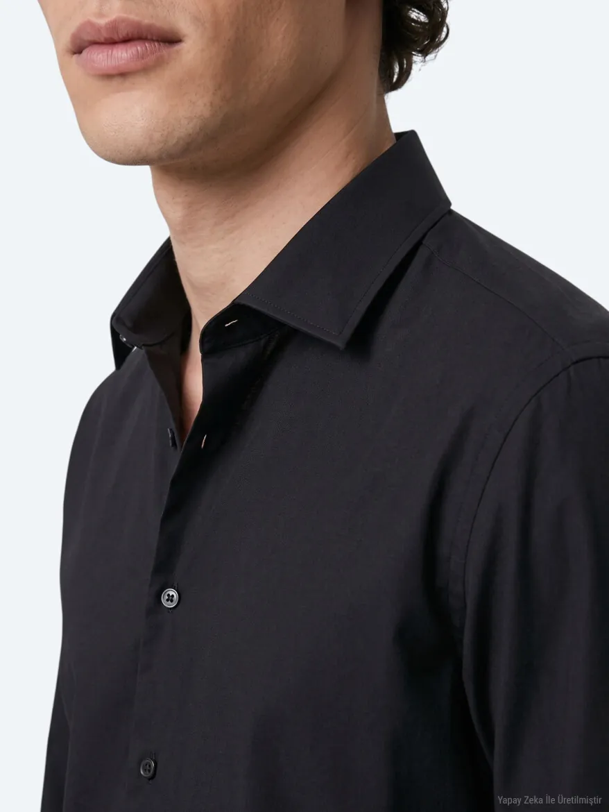 Black Plain Regular Fit Long Weaving Classical Shirt - 4
