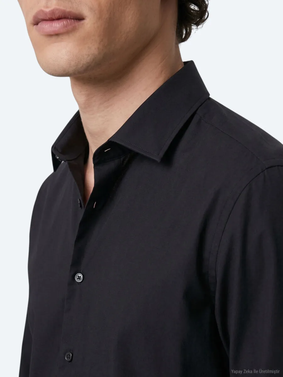 Black Plain Regular Fit Long Weaving Classical Shirt - 4