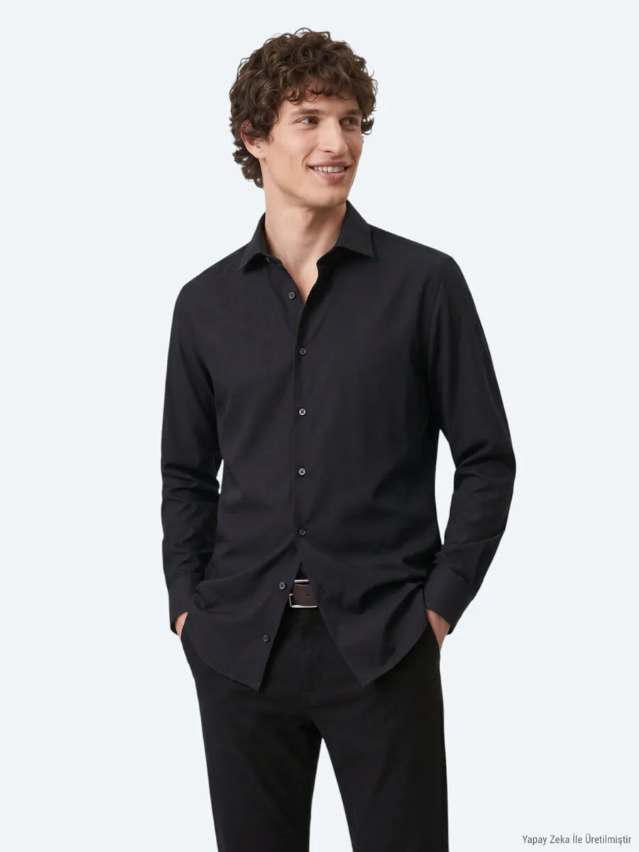 Black Plain Regular Fit Long Weaving Classical Shirt - 5