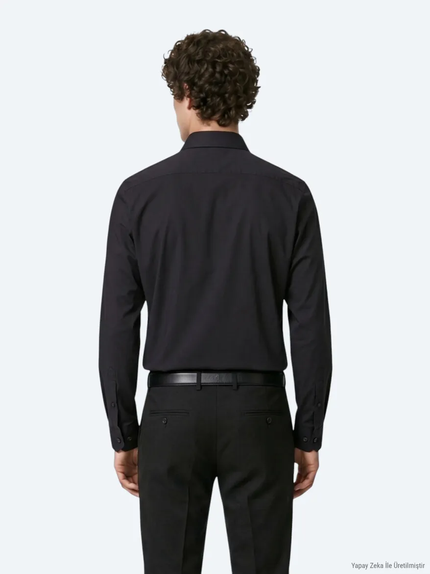 Black Plain Regular Fit Long Weaving Classical Shirt - 6