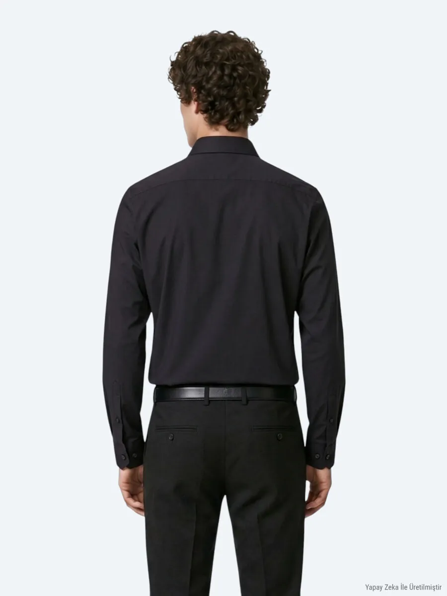 Black Plain Regular Fit Long Weaving Classical Shirt - 6