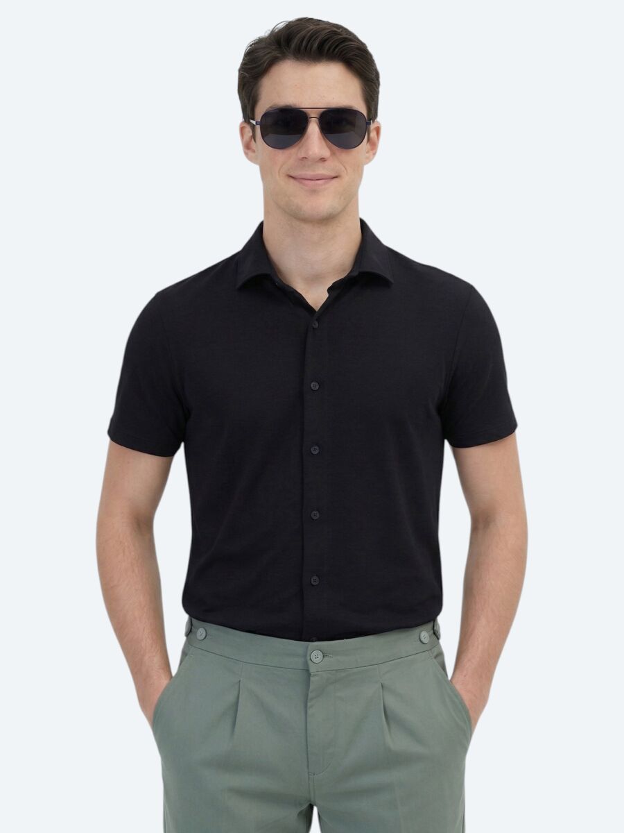 Black Plain Regular Fit Short Knitting Casual Shirt - 1