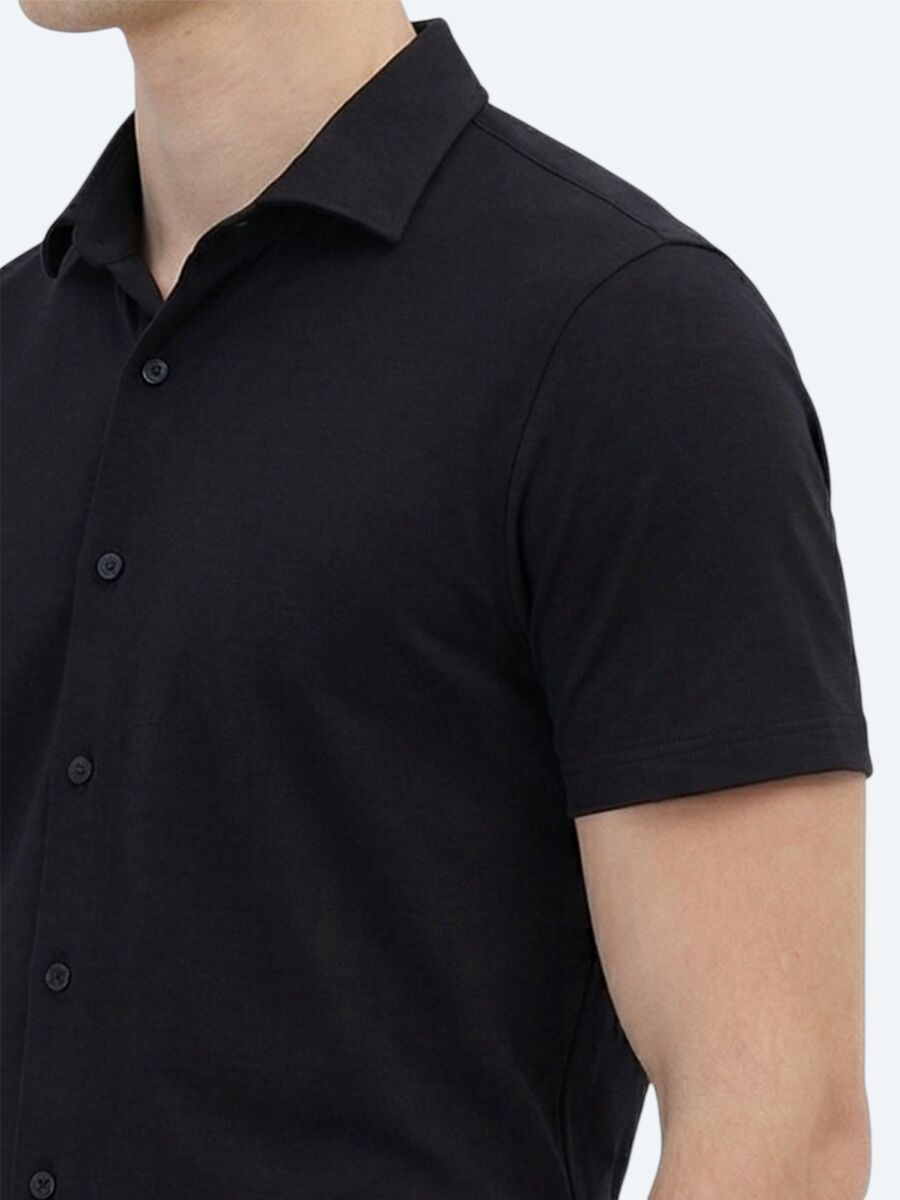 Black Plain Regular Fit Short Knitting Casual Shirt - 3