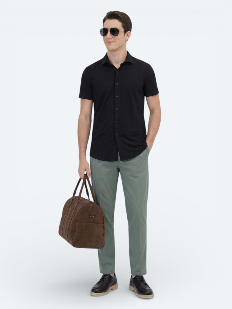 Black Plain Regular Fit Short Knitting Casual Shirt - 4