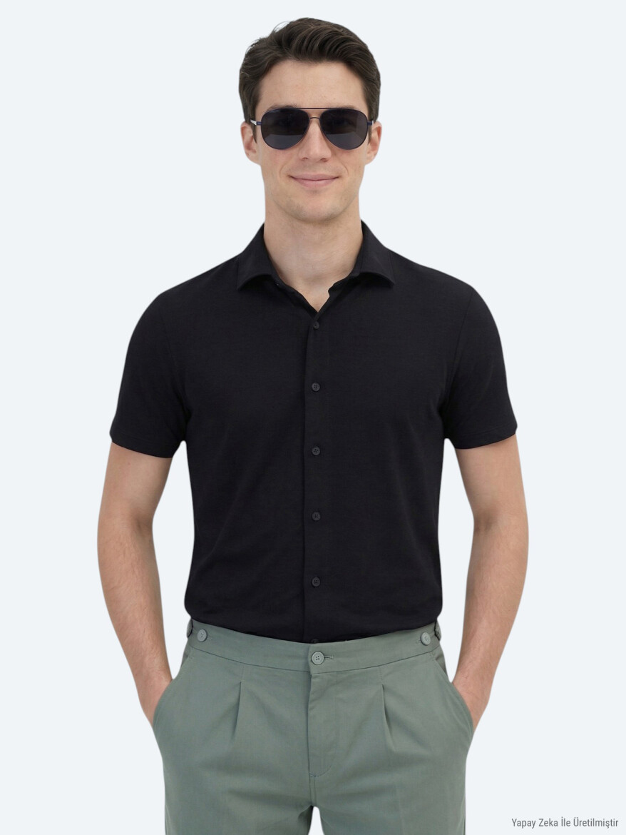 Black Plain Regular Fit Short Knitting Casual Shirt - KİP