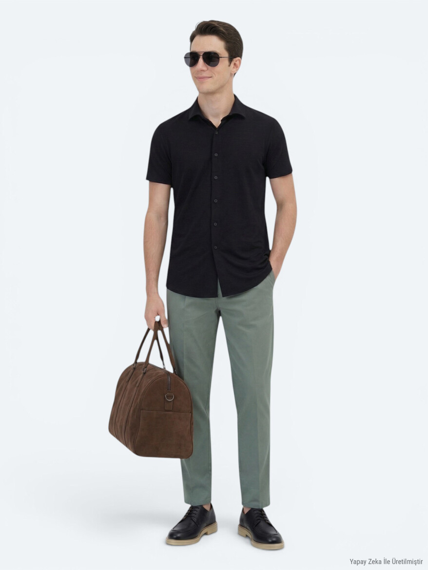 Black Plain Regular Fit Short Knitting Casual Shirt - 4