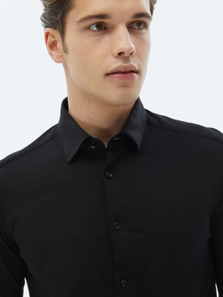 Black Plain Regular Fit Weaving Casual 100% Cotton Shirt - 4