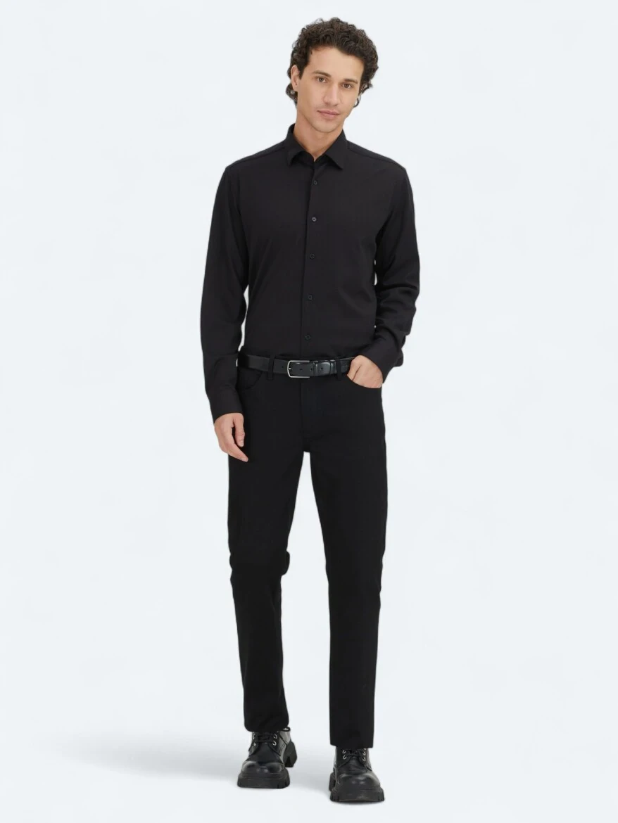 Black Plain Regular Fit Weaving Casual 100% Cotton Shirt - KİP
