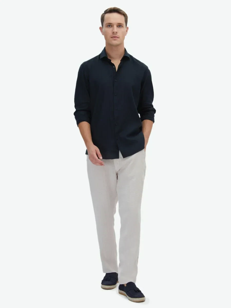 Black Plain Regular Fit Weaving Casual Cotton Blended Shirt - 1