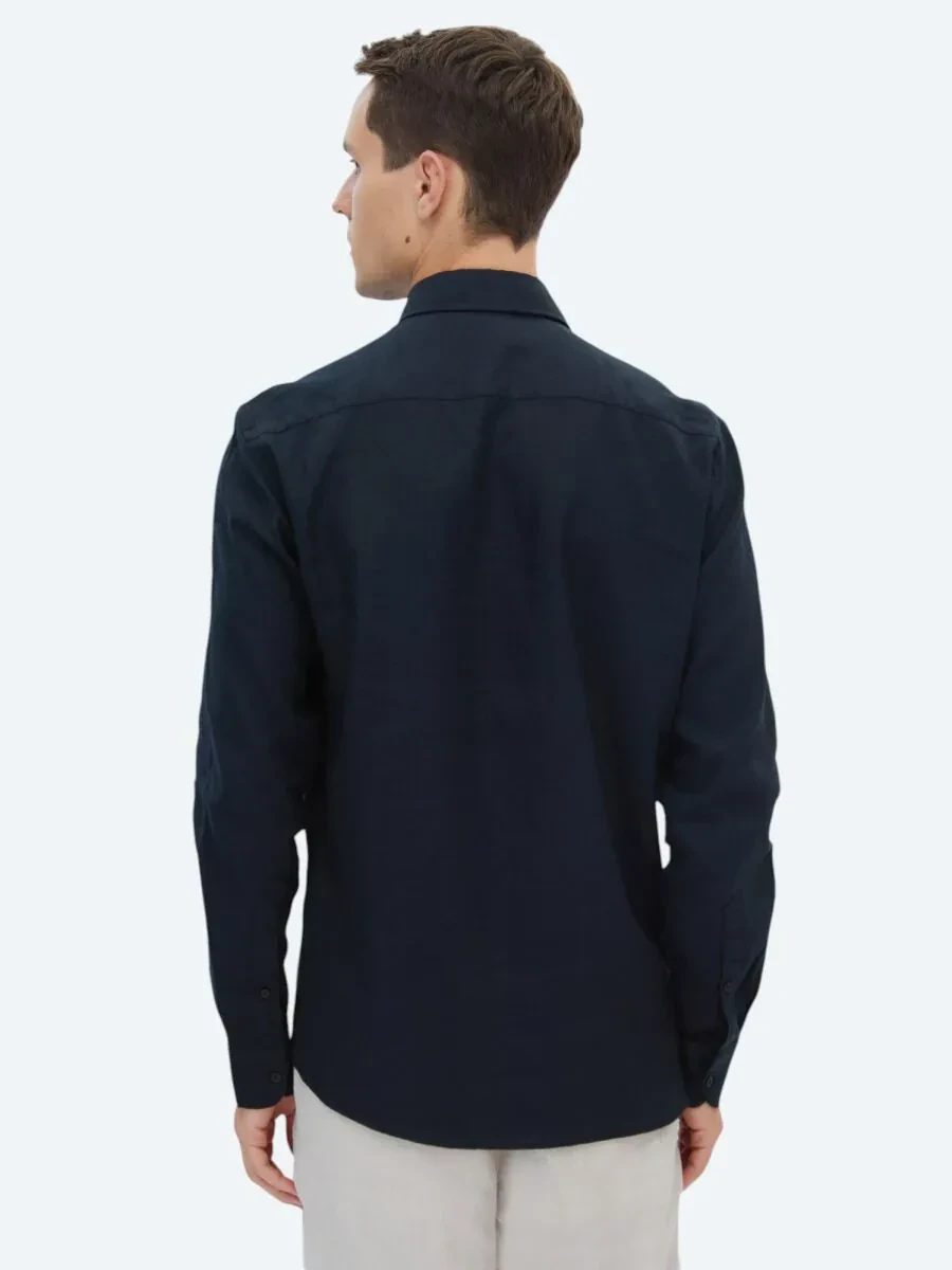 Black Plain Regular Fit Weaving Casual Cotton Blended Shirt - 5