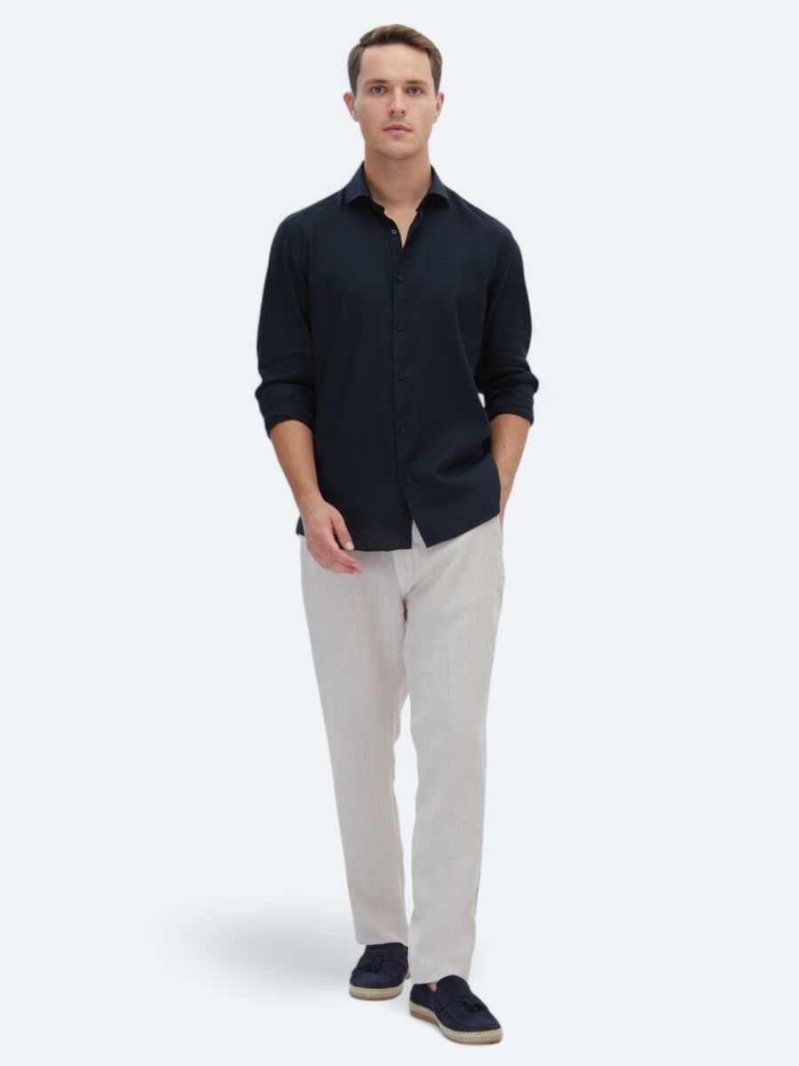 Black Plain Regular Fit Weaving Casual Cotton Blended Shirt - 2