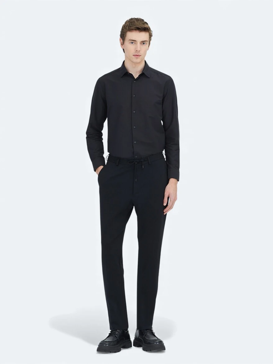 Black Plain Regular Fit Weaving Casual Cotton Blended Shirt - KİP