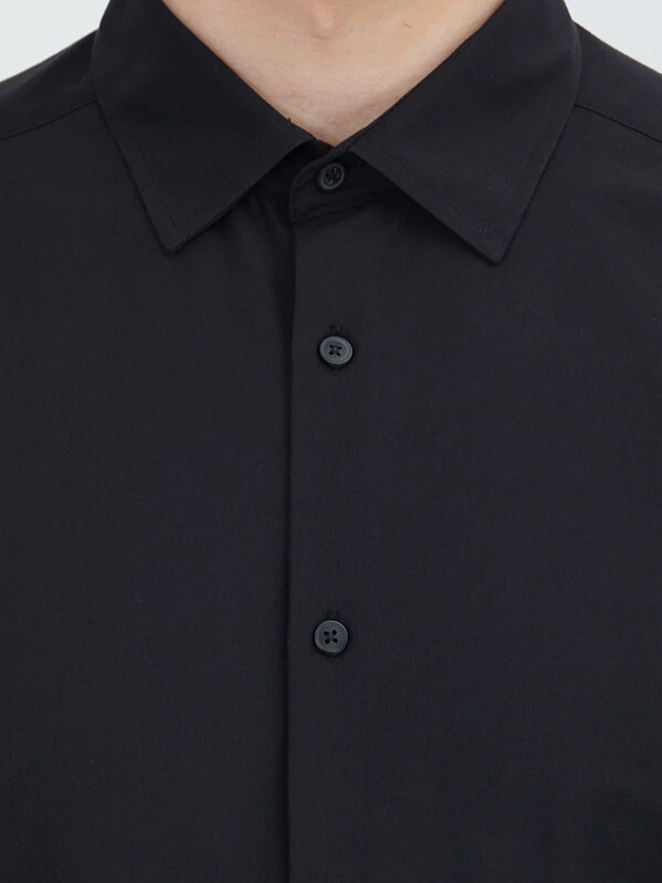 Black Plain Regular Fit Weaving Casual Cotton Blended Shirt - 3