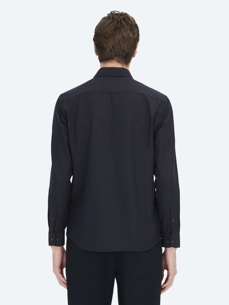 Black Plain Regular Fit Weaving Casual Cotton Blended Shirt - 5