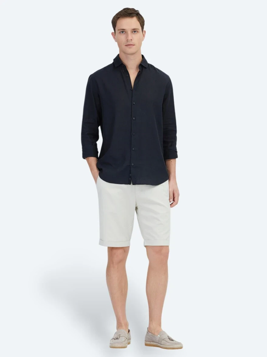Black Plain Regular Fit Weaving Casual Cotton Blended Shirt - 2