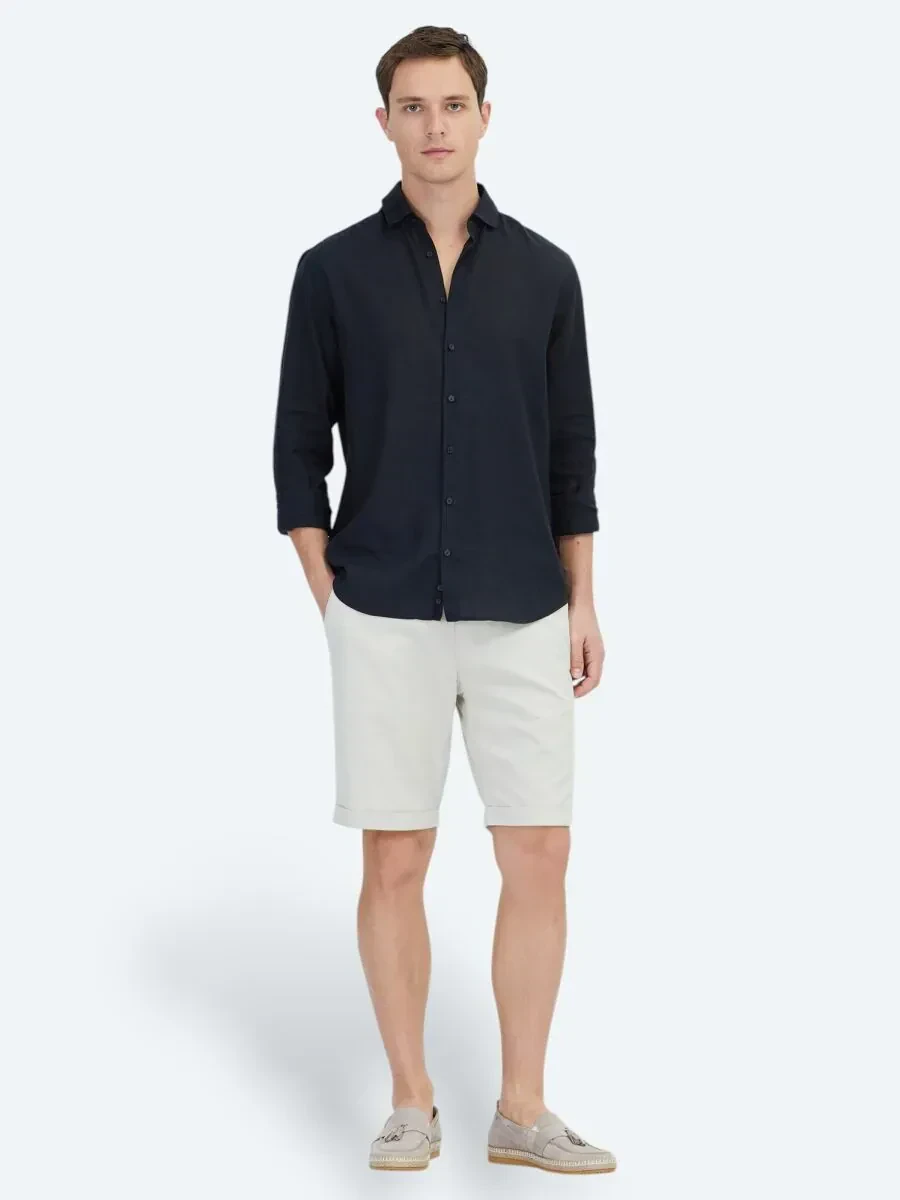Black Plain Regular Fit Weaving Casual Cotton Blended Shirt - 2