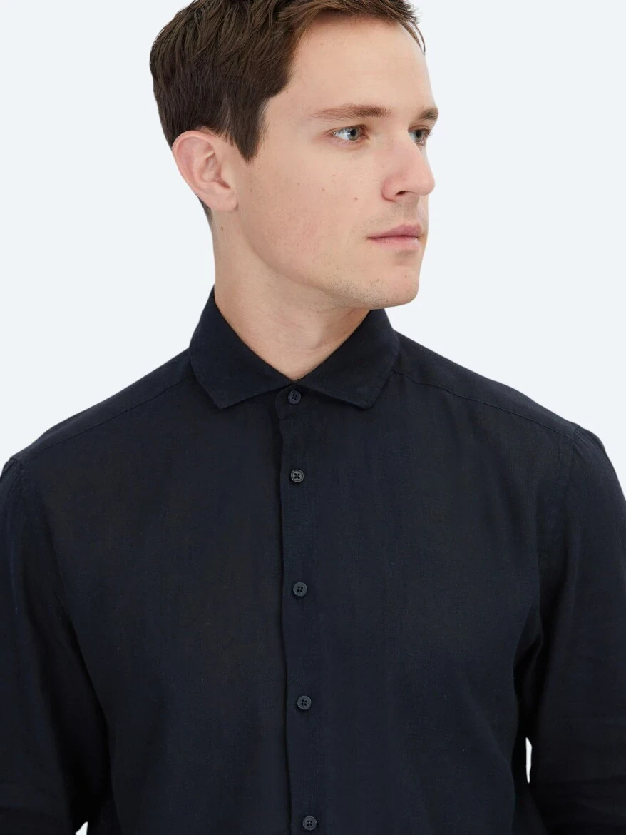 Black Plain Regular Fit Weaving Casual Cotton Blended Shirt - 3