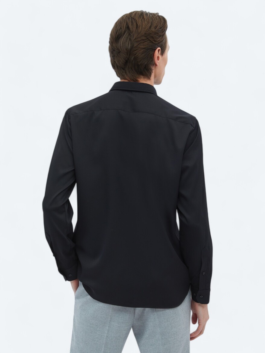 Black Plain Regular Fit Weaving Casual Shirt - 7