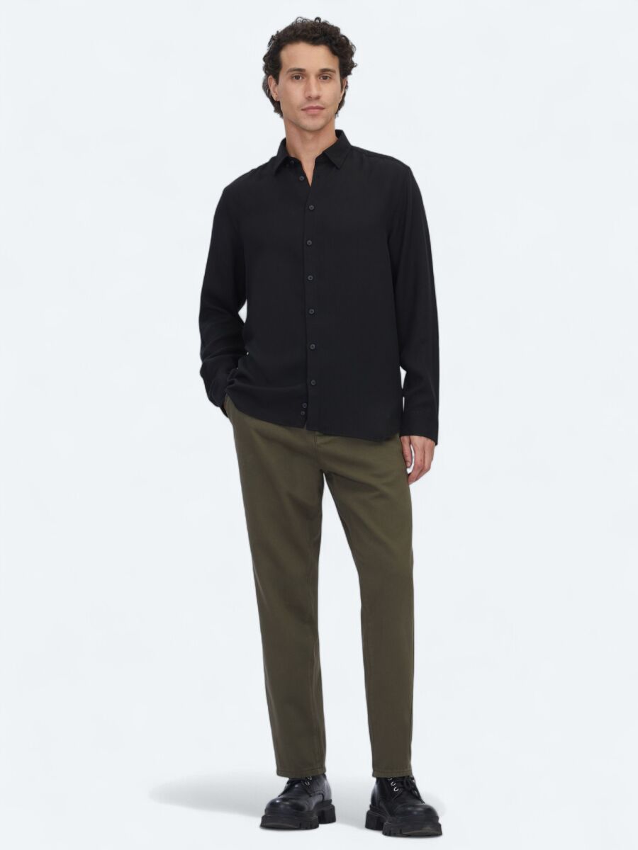 Black Plain Regular Fit Weaving Casual Shirt - 2