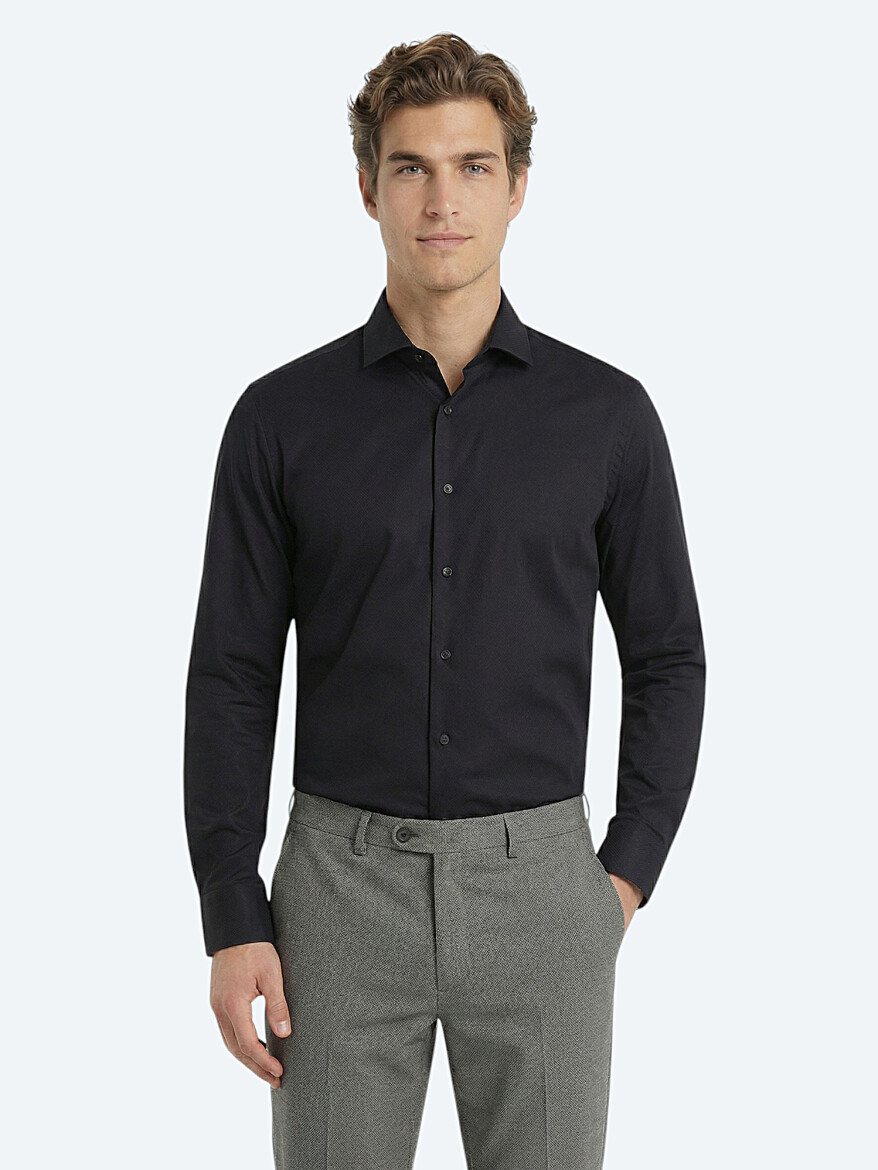 Black Plain Regular Fit Weaving Classical 100% Cotton Shirt 