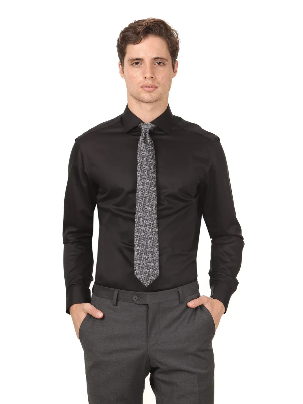 Black Plain Regular Fit Weaving Classical 100% Cotton Shirt - 1