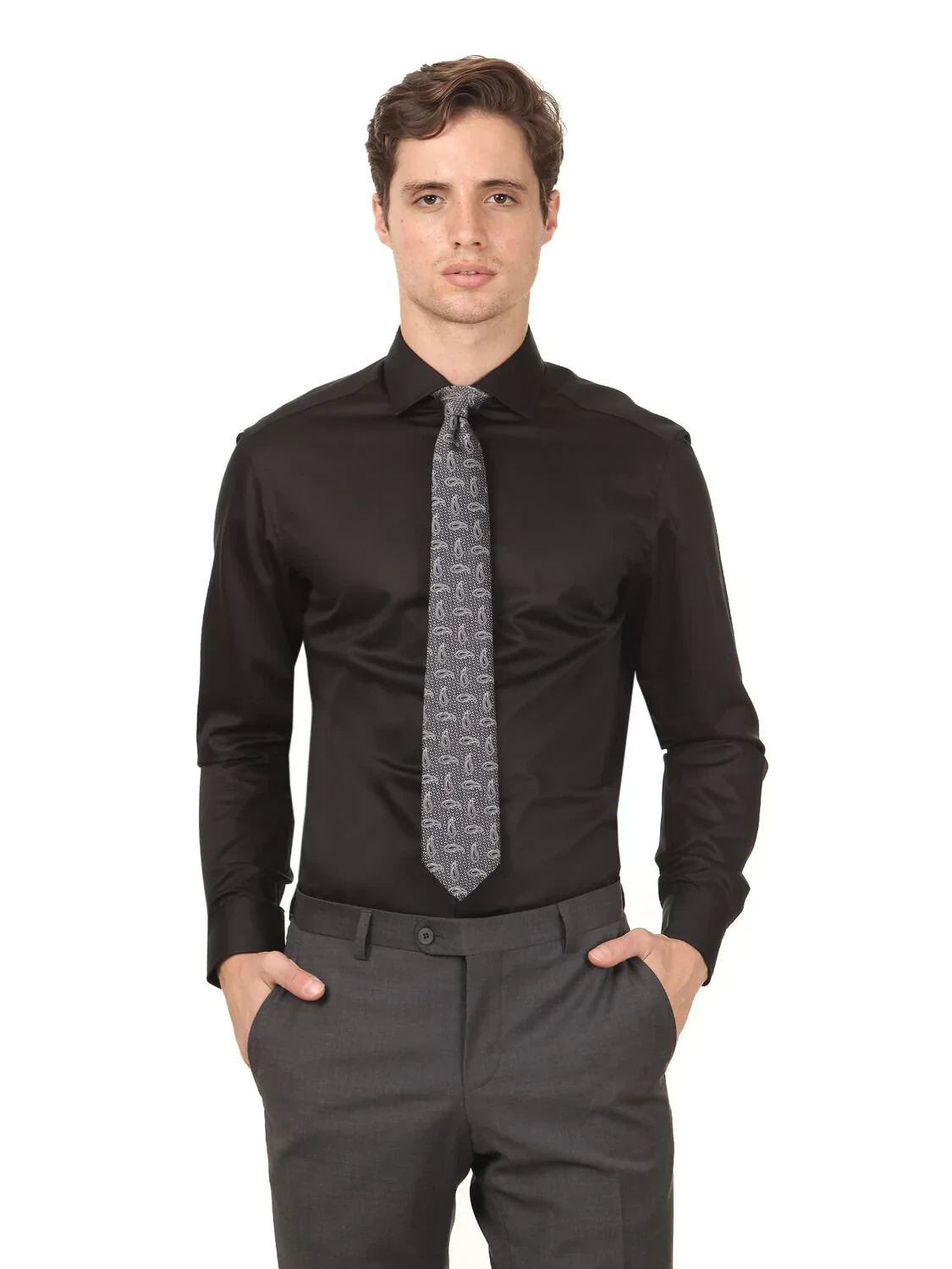 Black Plain Regular Fit Weaving Classical 100% Cotton Shirt - 1