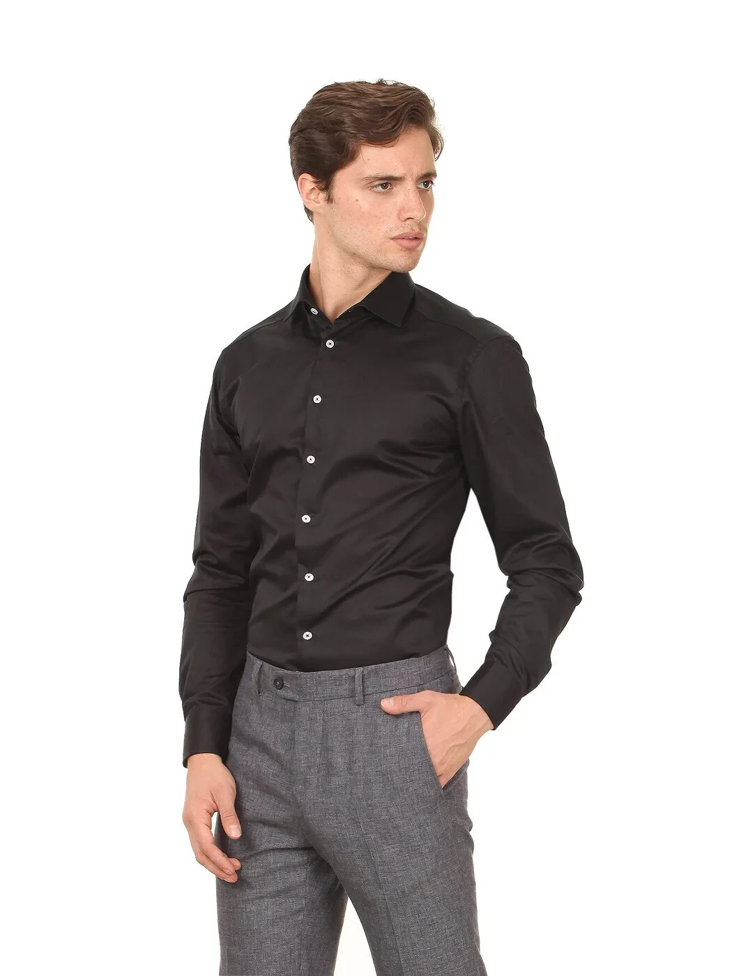 Black Plain Regular Fit Weaving Classical 100% Cotton Shirt - 3