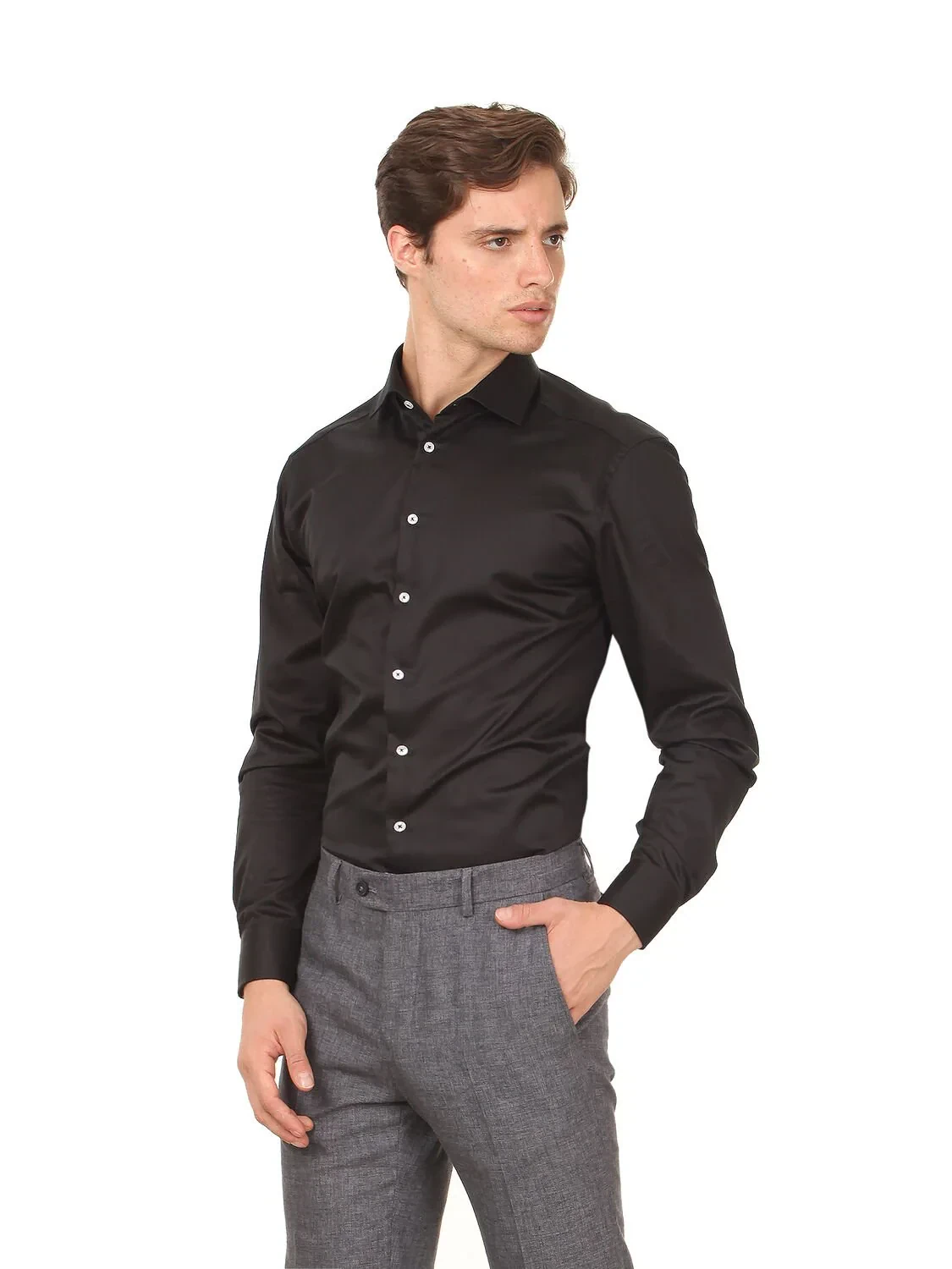 Black Plain Regular Fit Weaving Classical 100% Cotton Shirt - 3